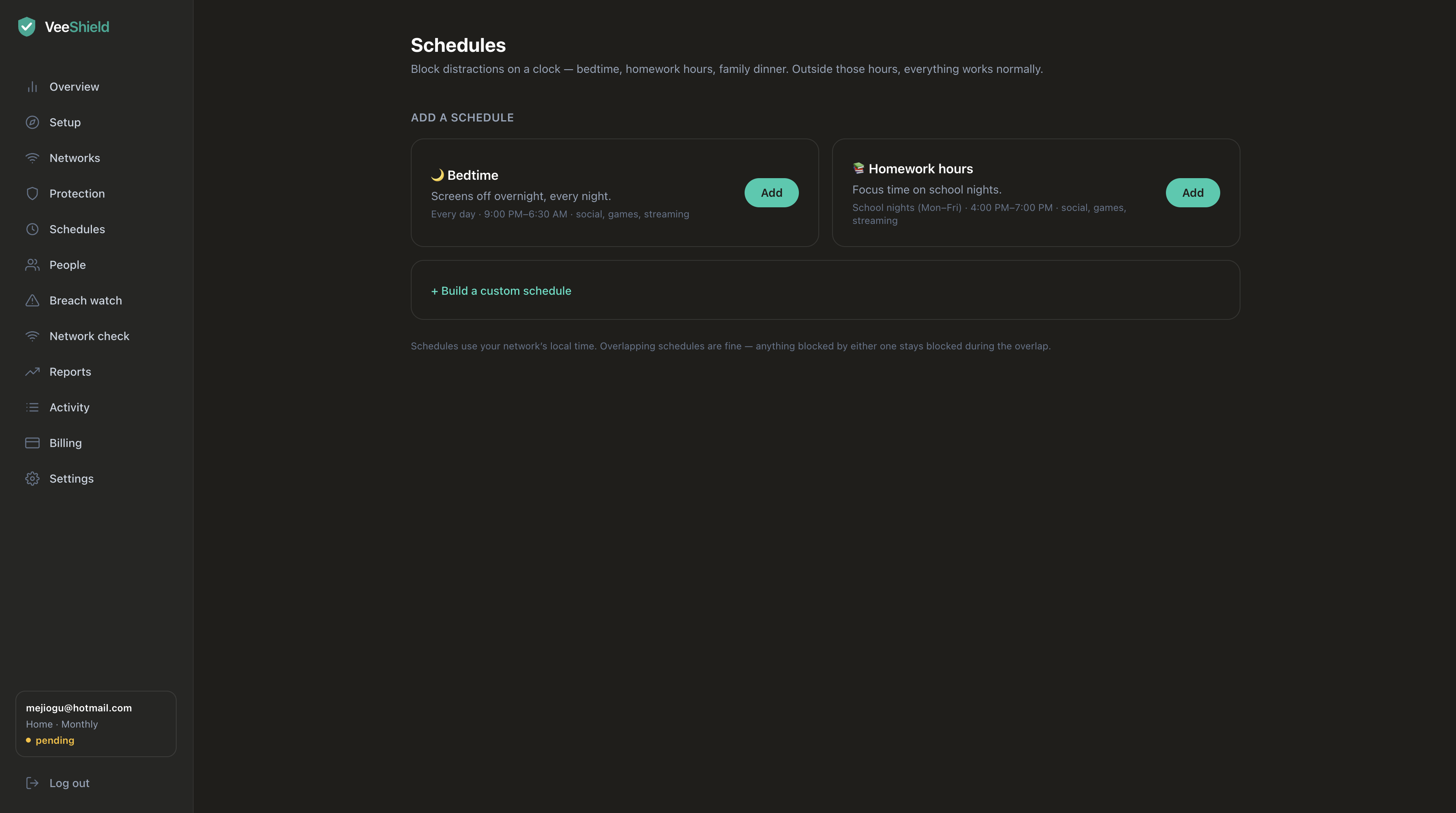 VeeShield schedules for bedtime and homework hours